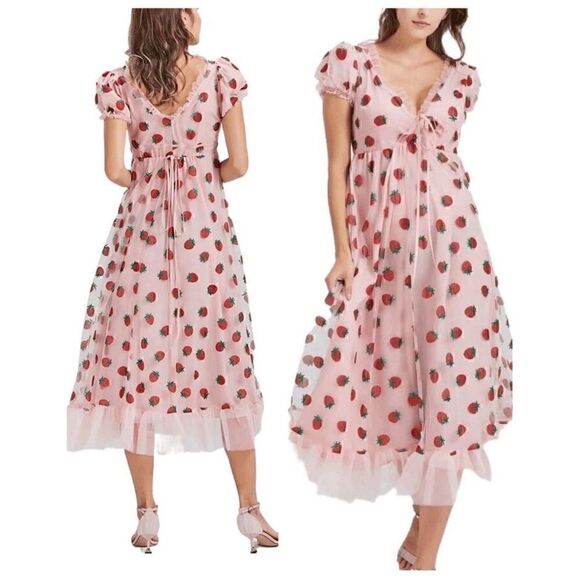 🍓 Strawberry Mesh Tulle Girly Cute Pink Puff Sleeve Glitter Midi Dress S NWT - Picture 2 of 16